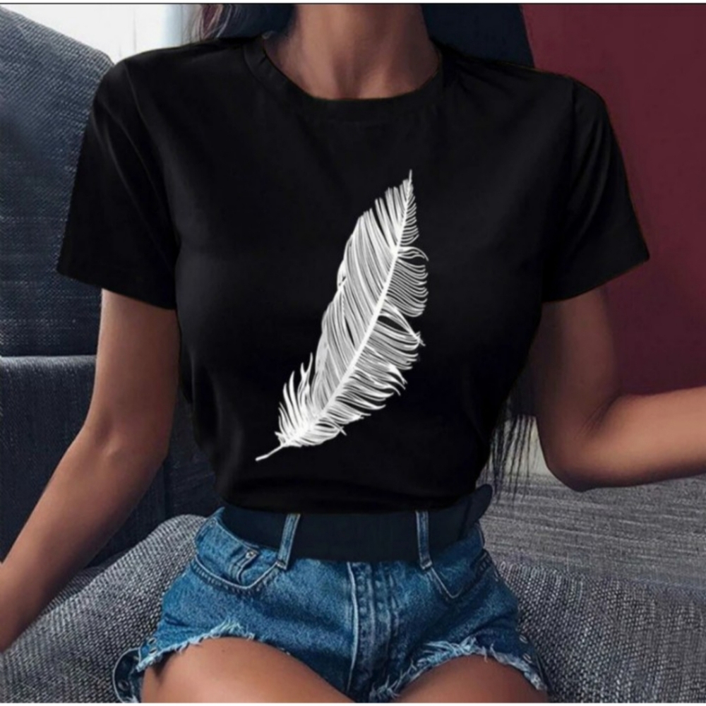Women's Feather Print Short Sleeve Casual Summer T Shirt Size M